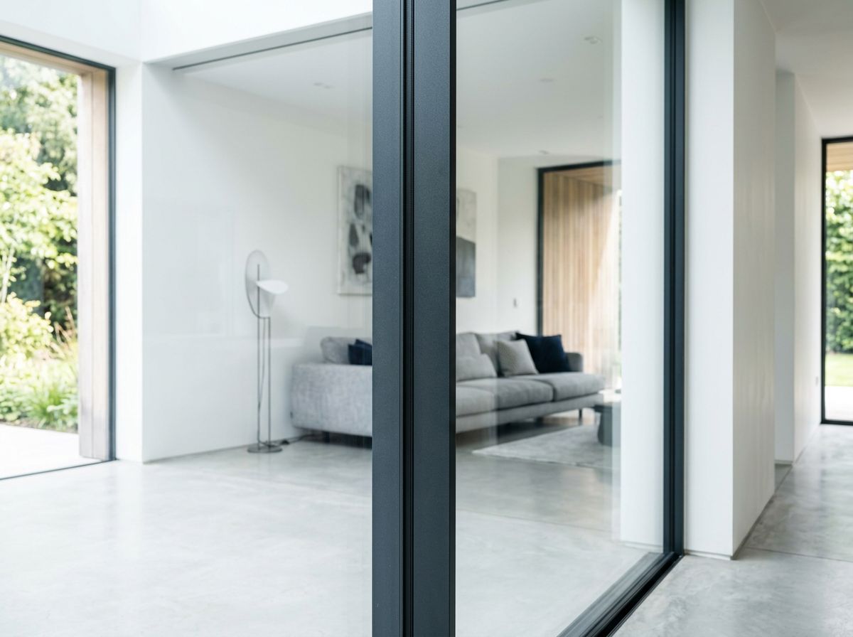Schlanke Aluminium-Fensterprofile mit großer Glasfläche, Blick in modernen Wohnraum