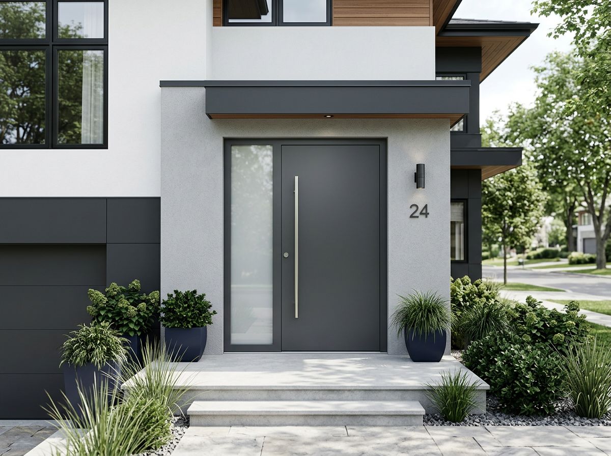 Moderne anthrazitfarbene Haustür mit Seitenteil an einem hochwertigen Wohnhaus