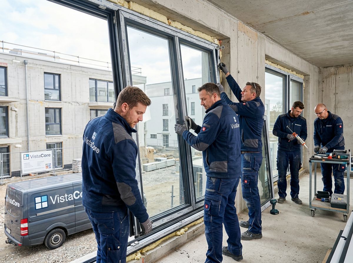 VistaCore-Monteure beim fachgerechten Einbau neuer Fenster auf der Baustelle
